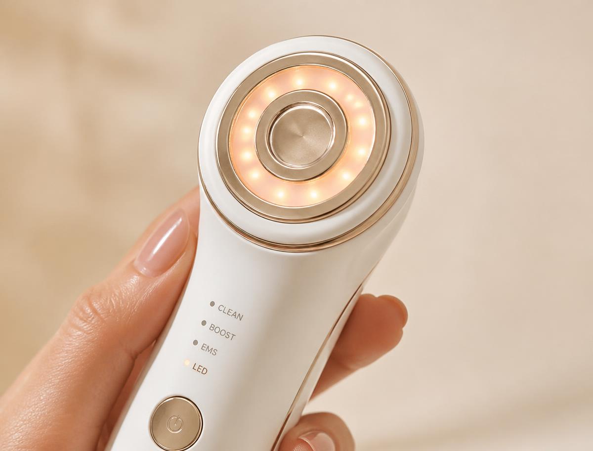 Close-up of the MyoGlow LED skin lifting device head held in a hand