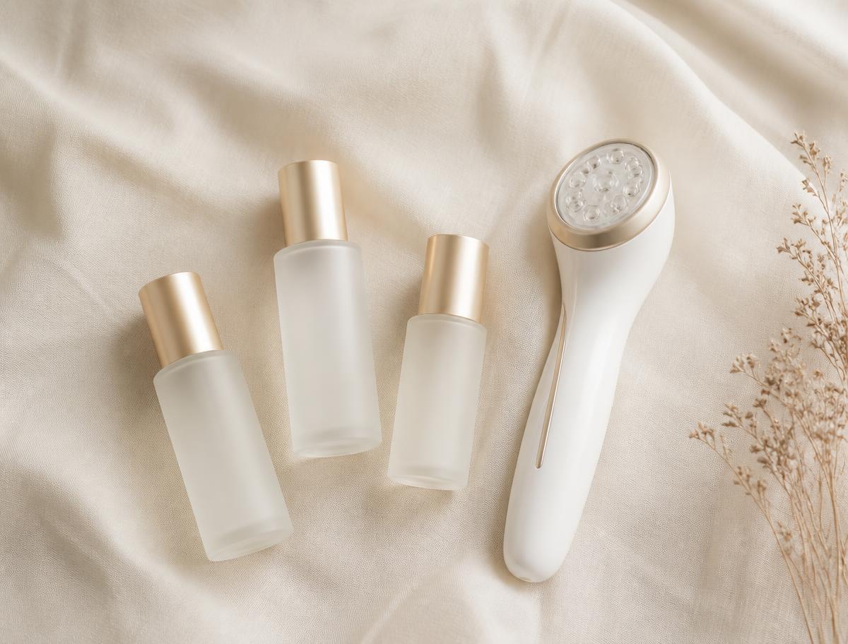 MyoGlow device with serum bottles on a linen surface